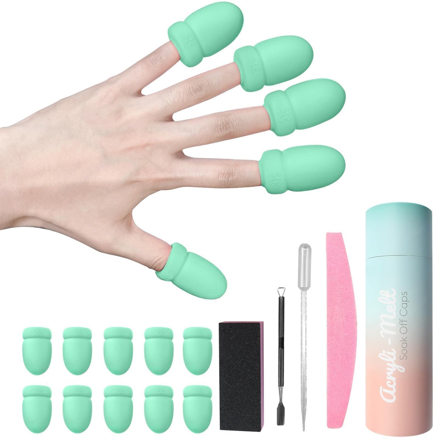 Gel Polish Remover Refill Kits for Nails, Holiday Gifts for Women Girls 4-in-1 Green Nail Polish Remover Set with Soak Off Caps Nail Buffer Block | Nail File | Cuticle Pusher for Poly Gel Acrylic Nail