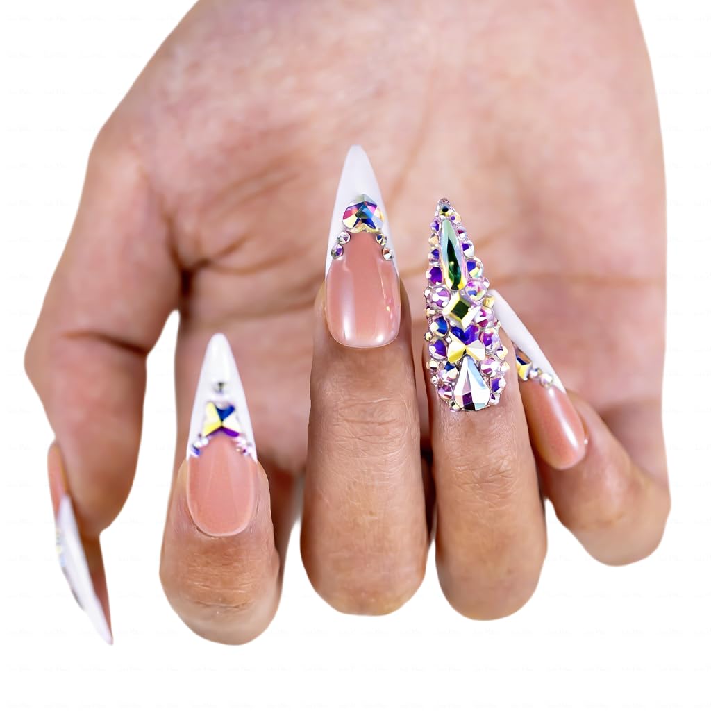 IntoVibes 10 Pieces Handmade Long Almond Press On Nails, White Thickened French False Nails With Rhinestone Decorate, Reusable Fake Nails Almond, Reusable Acrylic Nails (L)