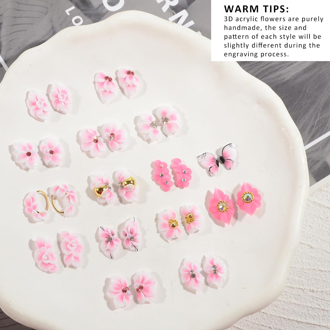 30PCS 3D Handmade Flower Nail Art Charms Advanced Handcrafted Cherry Blossom Flower Colorful Sculpted Floral Nails with Rhinestone Caviar Beads Design for Women Profession Nail Art Craft Jewelry