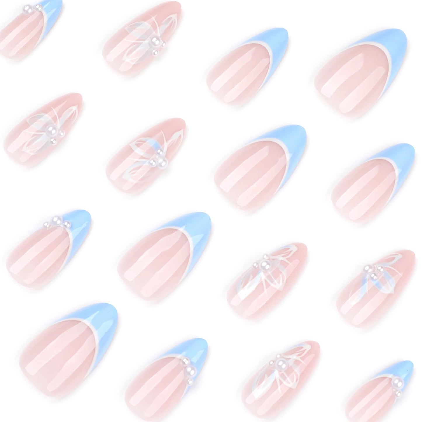 Blue French Press on Nails Medium Almond Fake Nails with Designs Cute Flower Stick on Nail Spring Summer Acrylic False Nail Pearl Artificial Nail Glossy Full Cover Glue on Nails for Women