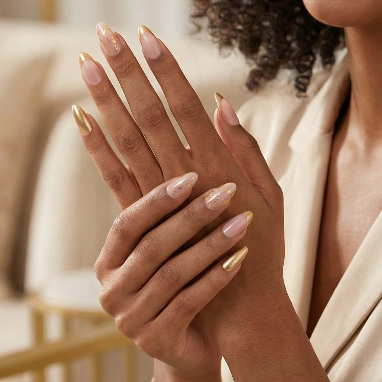 Medium Almond Press on Nails Gold French Tip Fake Nails Nude with Gold Foil Design Glossy Acrylic Glue on Nails Reusable Artificial Nail Full Cover Sticker on Nails for Women 24 Pcs