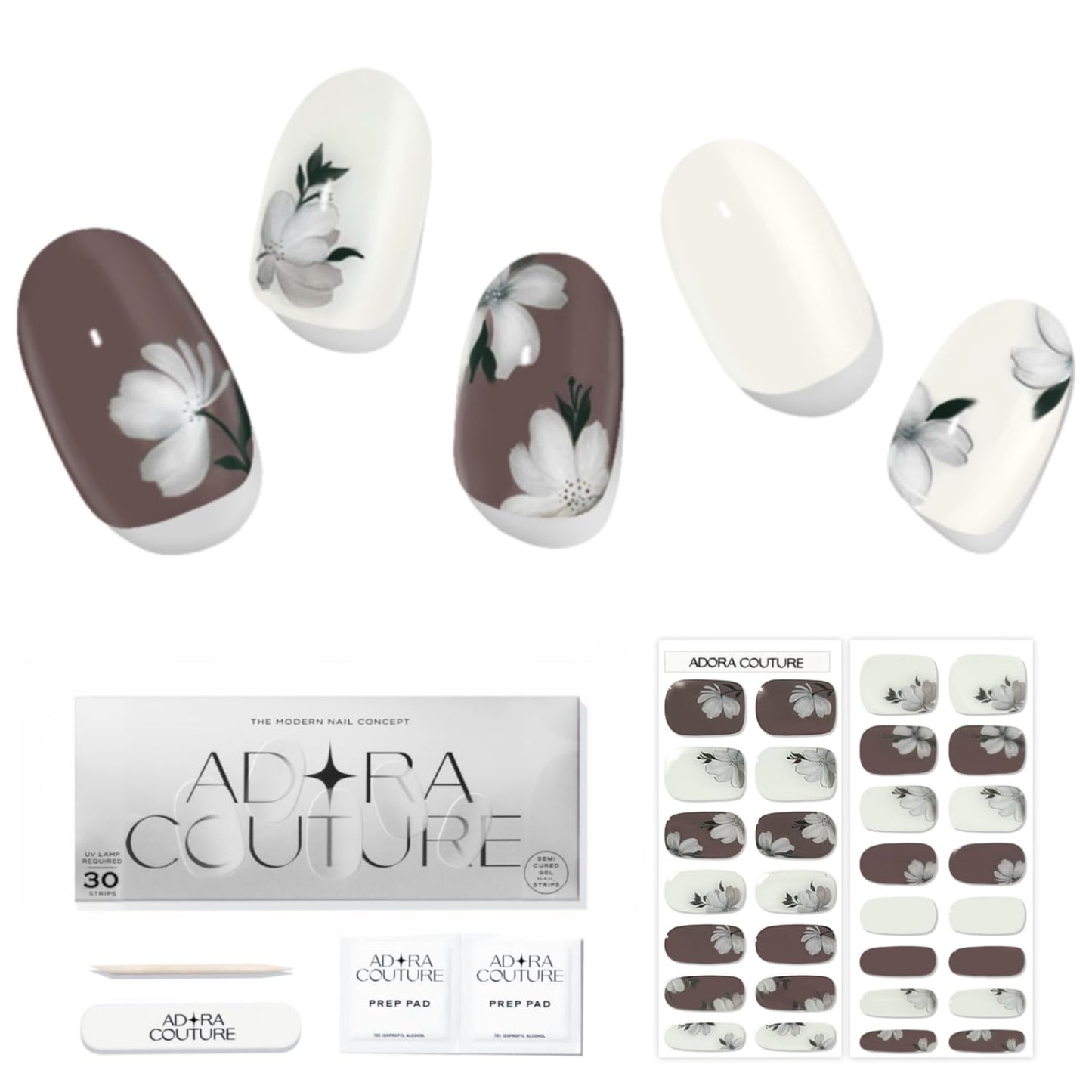 Adora Couture Semi Cured Gel Nail Strips with 30 Pieces - Salon Quality Manicure Kit for Women Easy Application Wraps Includes Prep Pads Nail File Wooden Stick, UV Light Required (Ivory Magnolia)