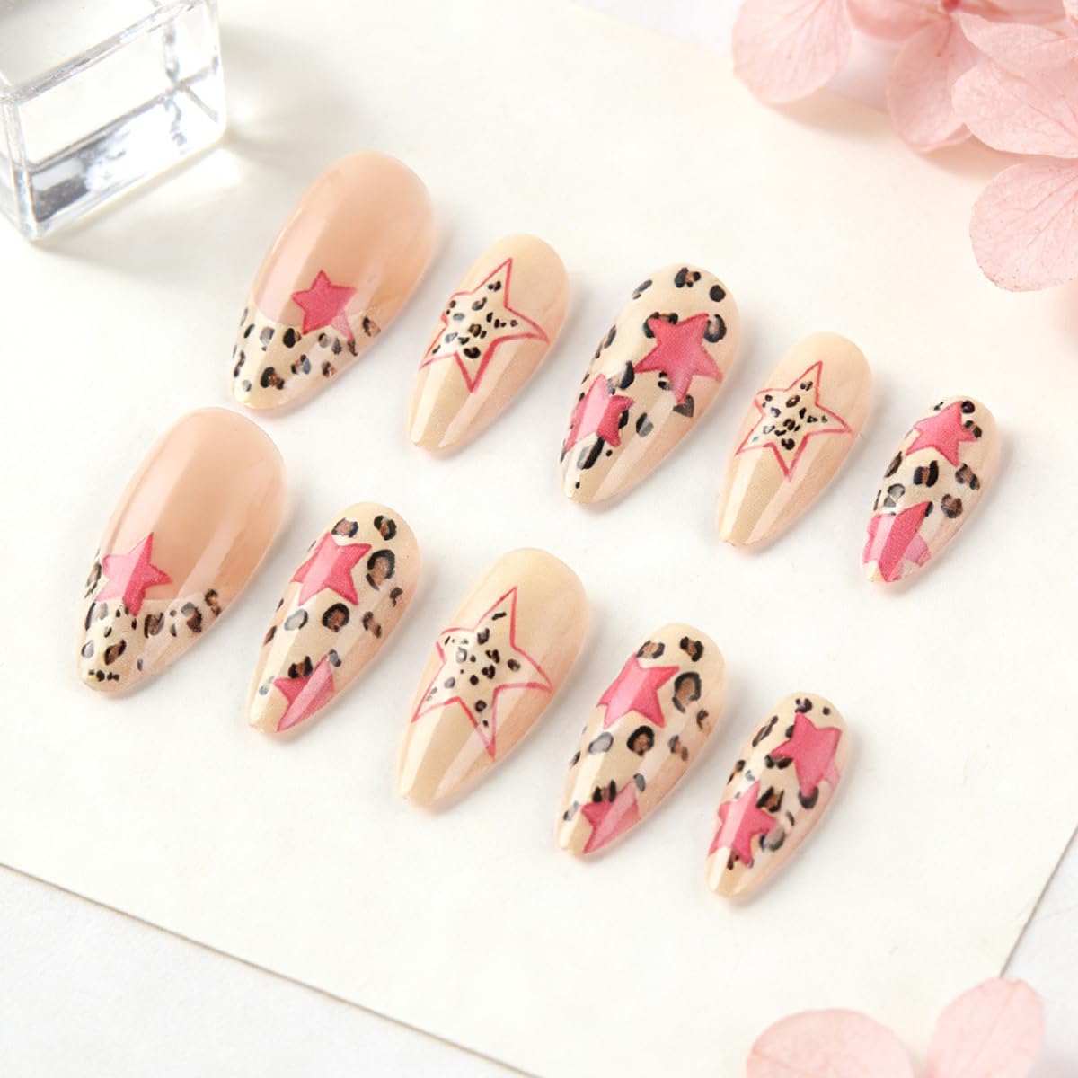 Leopard Print Press on Nails - Medium Almond Fake Nails Press ons with Pink Star Design, Leopard French Tip False Nails, Full Cover Stick on Nails for Women Manicure, Glossy Finish | 12 Sizes - 24 Pcs