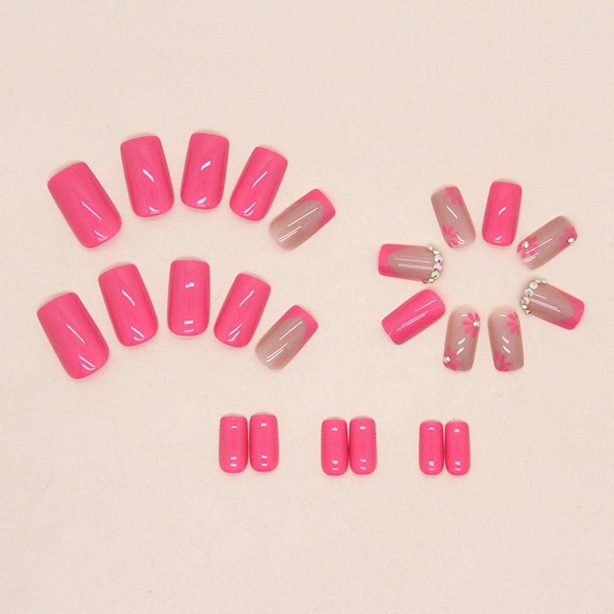 CTTHNBD Press on Nails Square - Medium Fake Nails with Flower Deisgn - Hot Pink, French Tip Stick on False Nails for Women - 24 Pcs