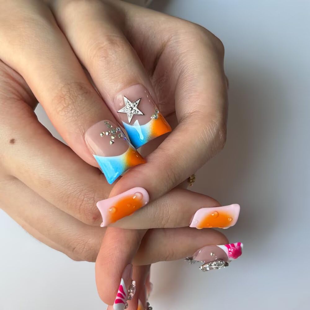 MXYIYANR Press On Nails - Handmade Nails Yellow Duck Nails for Women, French Pearl Tips Luxury Reusable Stick On Fake Nails, DIY Art Decorate with Nail File Kit (SIze S)