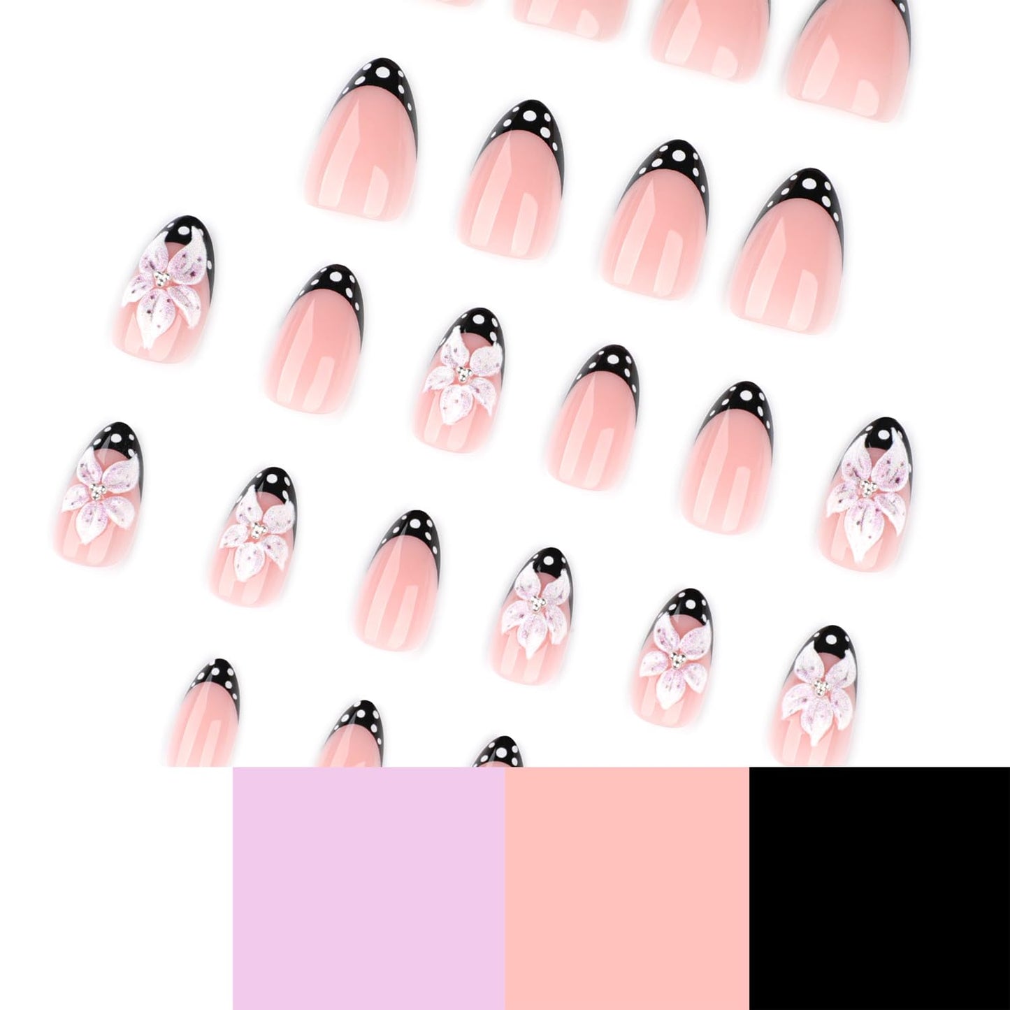 Mivota Luxury Soft Gel Press On Nails Short Almond French Tip Nude Pink with 3D Flower & Polka Dot Design, Reusable Glue On Fake Nails for Women, Salon Quality Manicure Set