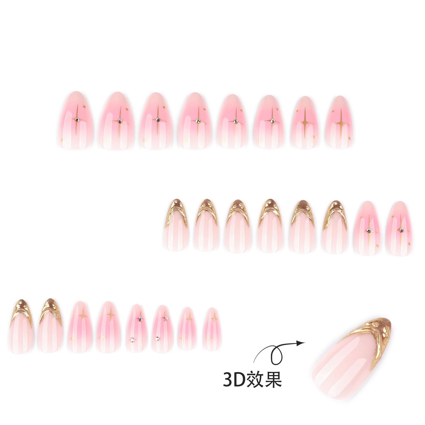 LBPEPAMZ 24Pcs Pink Press on Nails Short Almond Fake Nails with 3D Rhinestones Design Embossed Gold French Tip Acrylic False Nails Ombre Full Cover Glossy Glue on Nails for Women Daily Manicure Decor