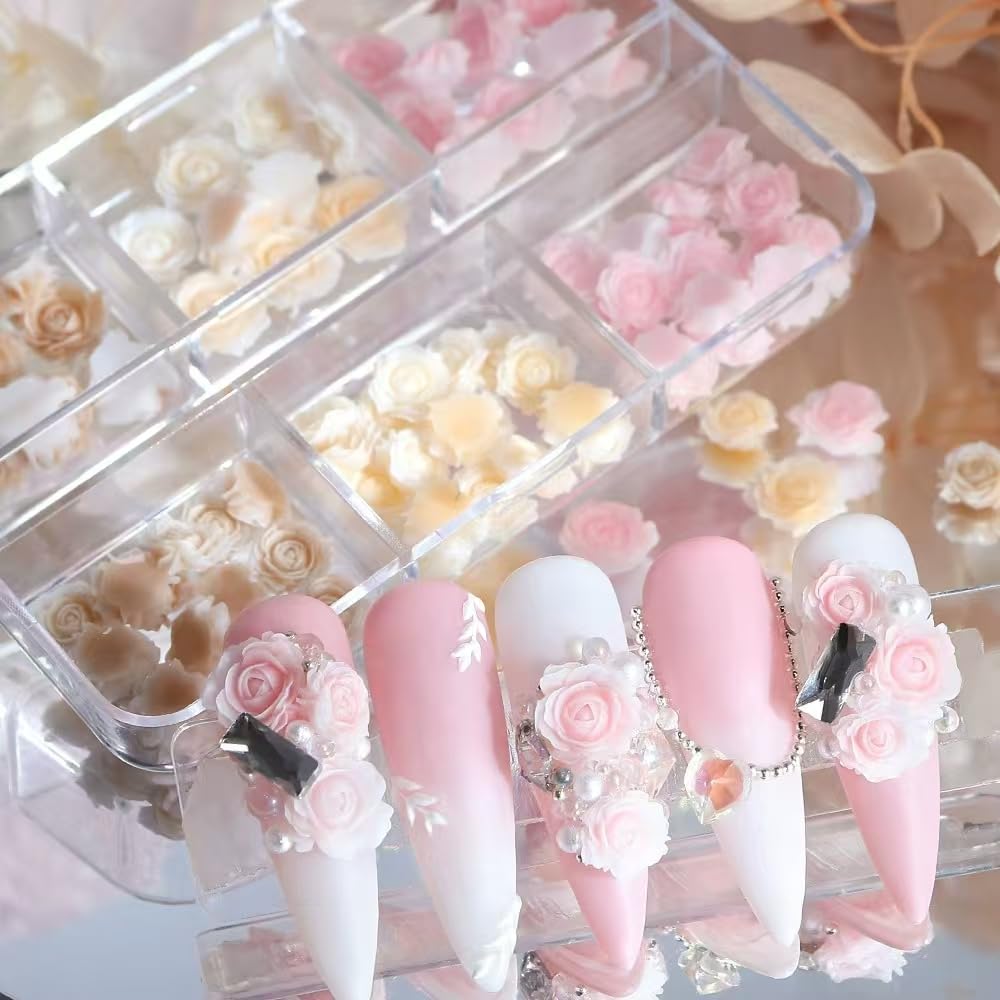 Chunmeng 3D Flowers Nail Charms - Flat-Back Resin Rose Camellia Flower Nail Art Decoration for Wedding Bride Manicure Supplies Party Manicure