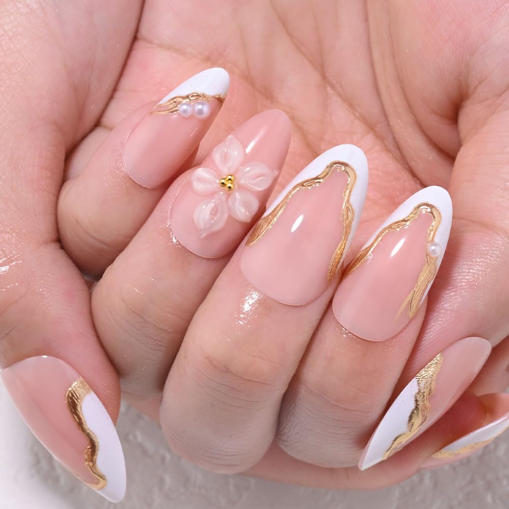 evpct Nude Pink French Press on Nails Short Almond No Glue, 3D Gold LineWhite French Tip Stick on Nails for Women, Reusable Full Cover Soft Press on Fake Nail Perfectly Fit with 3D Flower Design