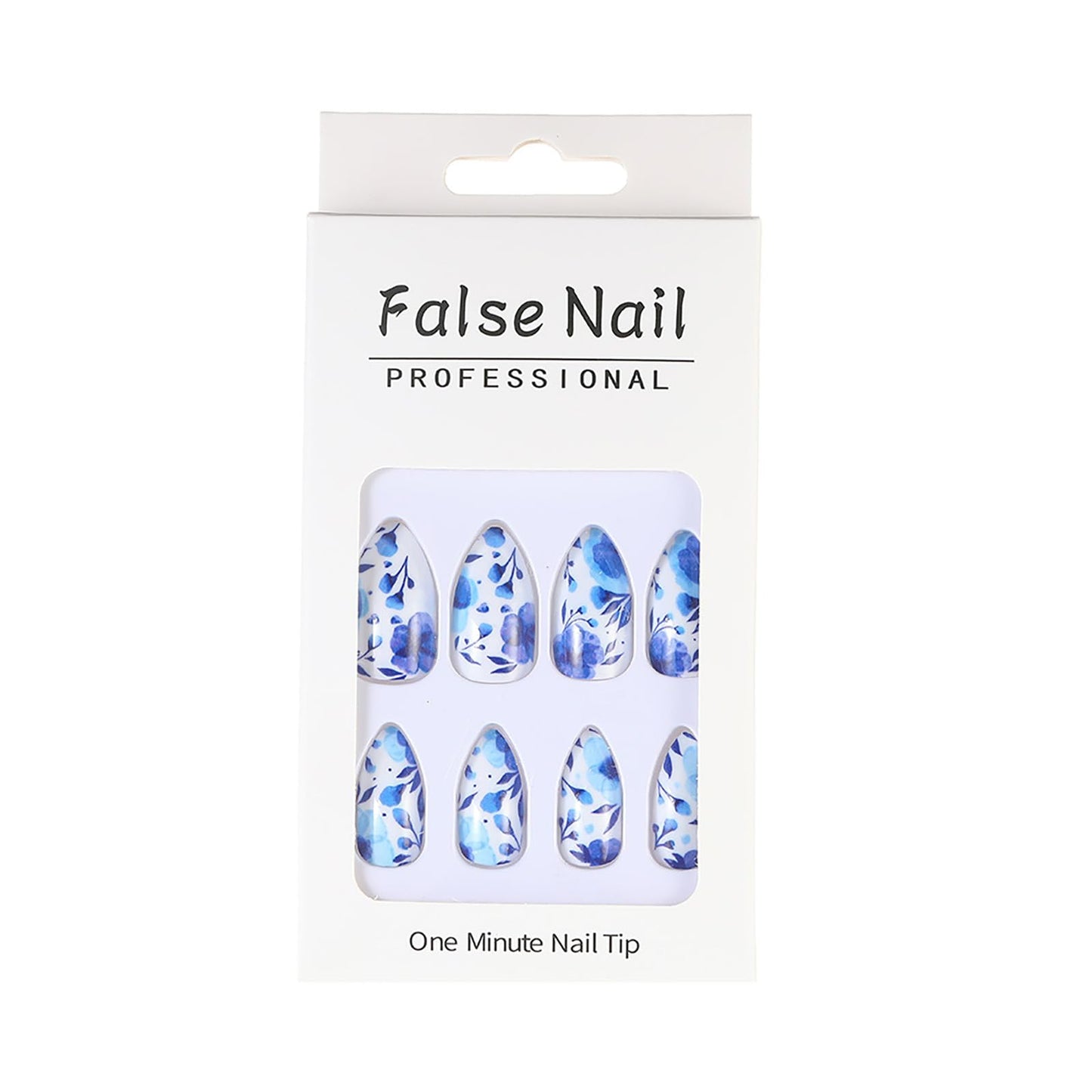 Rilafuvu Press on Nails Almond Fake Nails Short False Nail Blue and White Porcelain Acrylic Nails Full Cover Glue on Nail Glossy Stick on Nail Floral Acrylic Press on Nails Cute/lovely 24Pcs-12Sizes