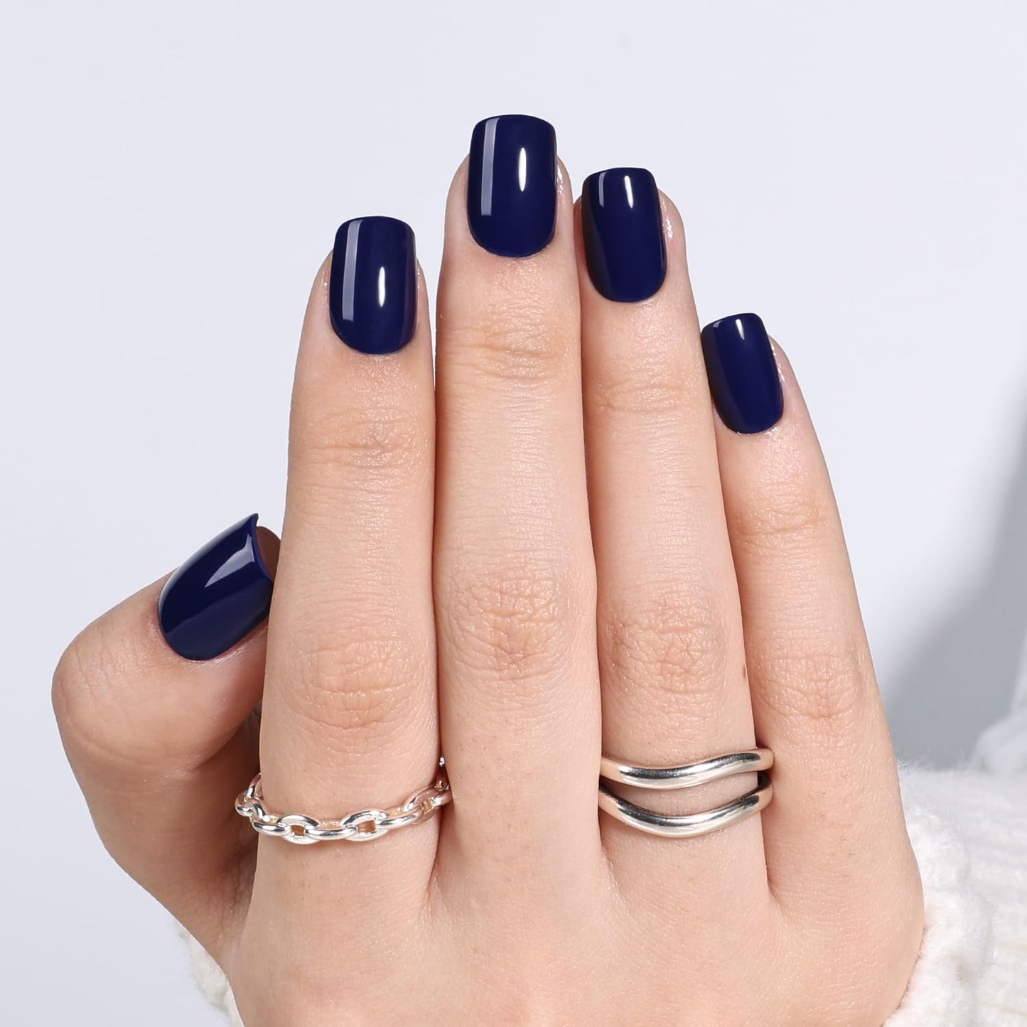 Navy Blue Press On Nails - Short Square Dark Blue Press on Nails Glossy Fake Nails Press Ons for Women DIY Fake Nails Kit with Glue, Reusable Glue on Nails Short in 15 Sizes - 30pcs, Midnight Blue