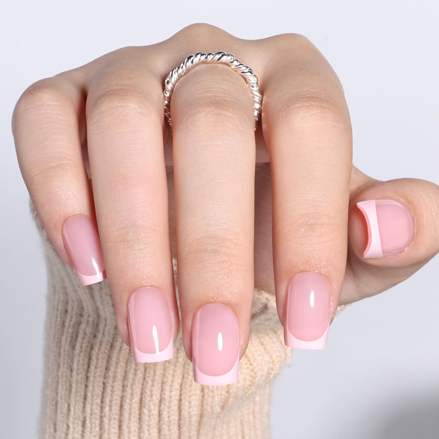 WiniBeauty Pink French Tip Press On Nails - Pink Short Square Fake Nails, French Tip Press On Nails Reusable Stick On Nails in 16 Sizes, 32pcs False Nail Kit for Women & Girls
