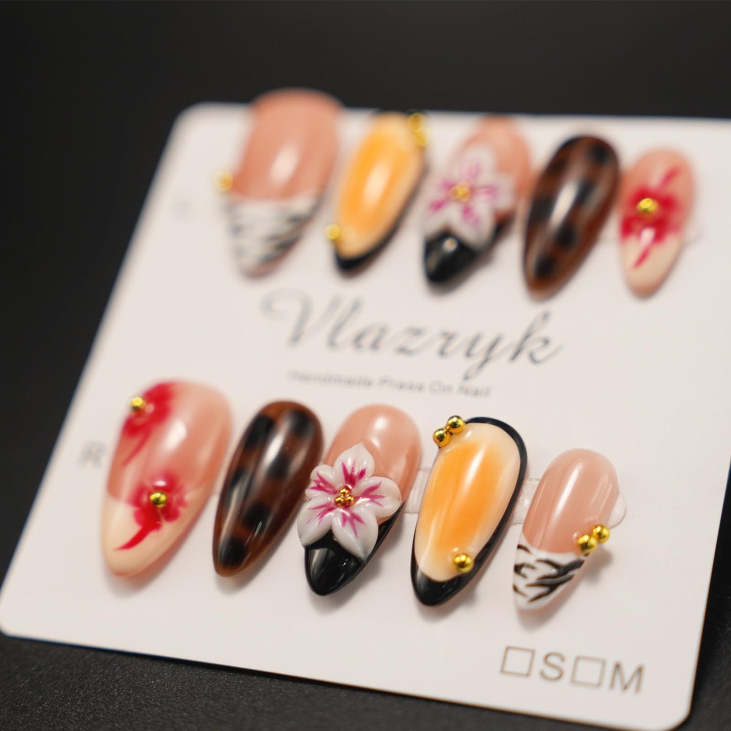 Handmade Press On Nails – Luxury 3D Flower French Tip Designs ， Medium Almond Reusable False Nails for Women & Girls ，Salon-Quality Autumn Winter Nail Art (10PCS)