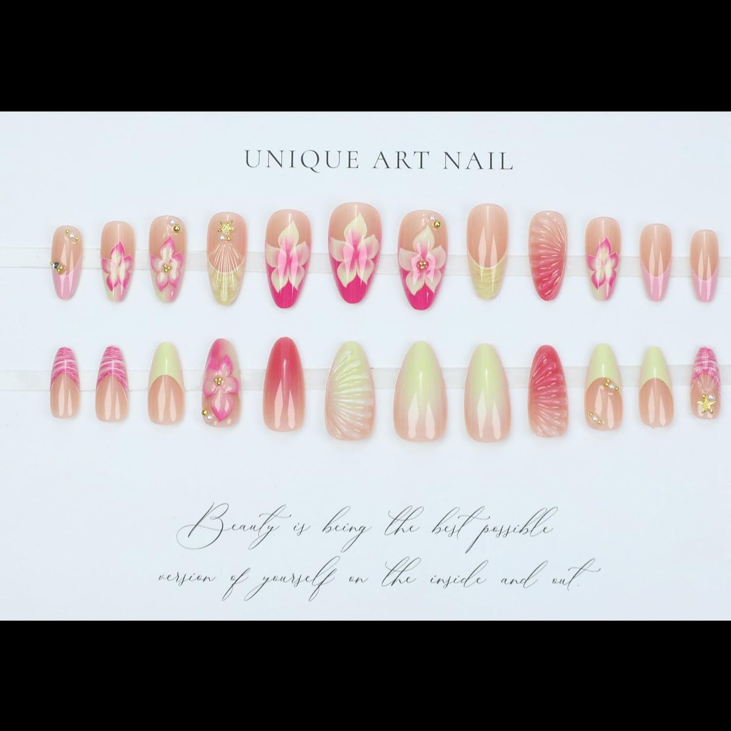Summer Press On Nails French Fake Nails Press Ons With Gold Starfish Design Pearls Stick On Nails Flower False Nails Glossy Water Ripple Artificial Glue On Nails For Women Nail Supplies