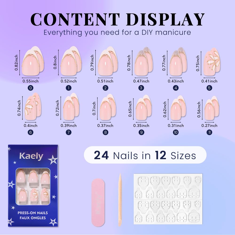 evpct Nude Pink Glitter Press on Nails Short Almond No Glue, Glitter Gold Line French Tip Stick on Nail for Women Gift, Reusable Full Cover Soft Press on Acrylic Fake Nail with 3D White Flower Design