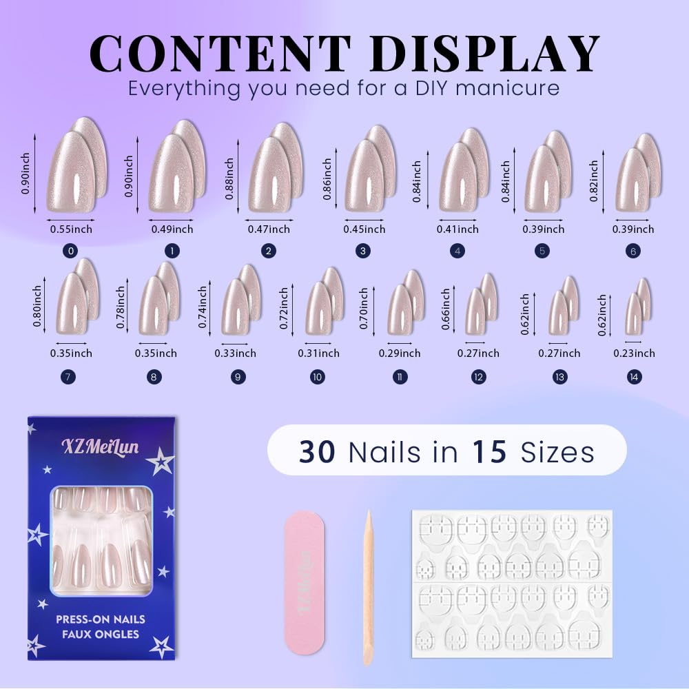 XZMeiLun Cat Eye Crystal Press On Nails Almond Medium, Magnetic Acrylic Fake Nails Stylish Design, Salon-Quality Shiny Finish, Reusable Stick On Nails Kit for Women, Daily Wear (No Glue Included)