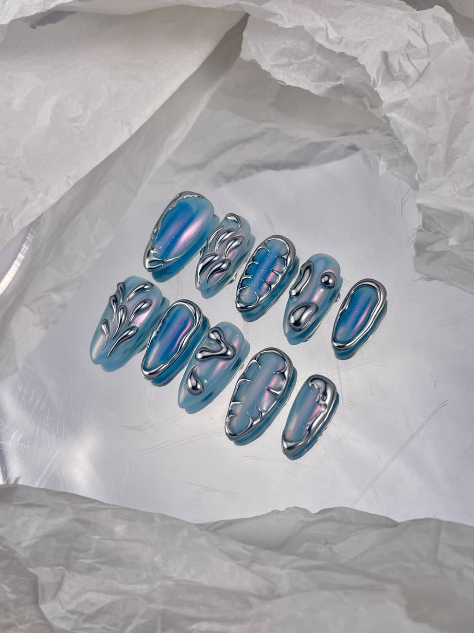 RDNTBEU Press on Nails Blue Ombre Medium Almond 3D Fake Nails Reusable Luxury Handmade False Nails with Design Solid Chrome,Press ons Muti-Layer Gel Handmade Nails for Wome Manicure(Size L)