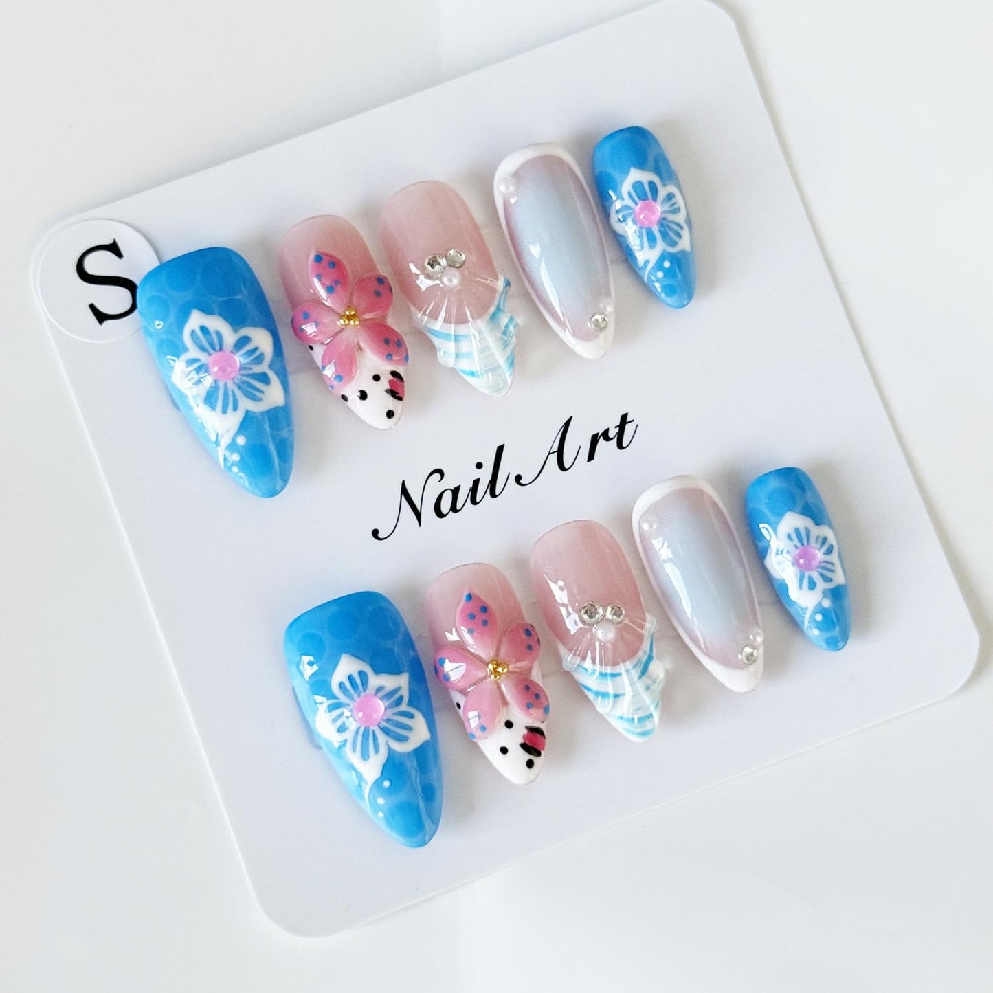 10PCS Handmade Press on Nails Medium Length Almond Fake Nails Full Cover Blue with Pearl Rhinestones designs Gel Stick on Nails French Tip Unique 3d Flower False Nails (S Size)
