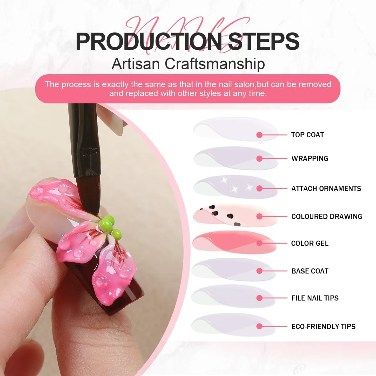 Handmade Press on Nails Long Stiletto False Nails Pink French Tip Fake Nails with 3D Flower Beach Designs Sparkly Charm luxury Artificial Nails for Women 10Pcs (Size M）