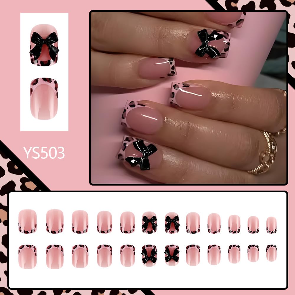 Leopard Press on Nails Short Square Fake Nails French Nails Press ons with Black Bow Nail Charms Design,Reusable & Easy Apply Full Cover Stick on Nail for Women Manicure 24Pcs