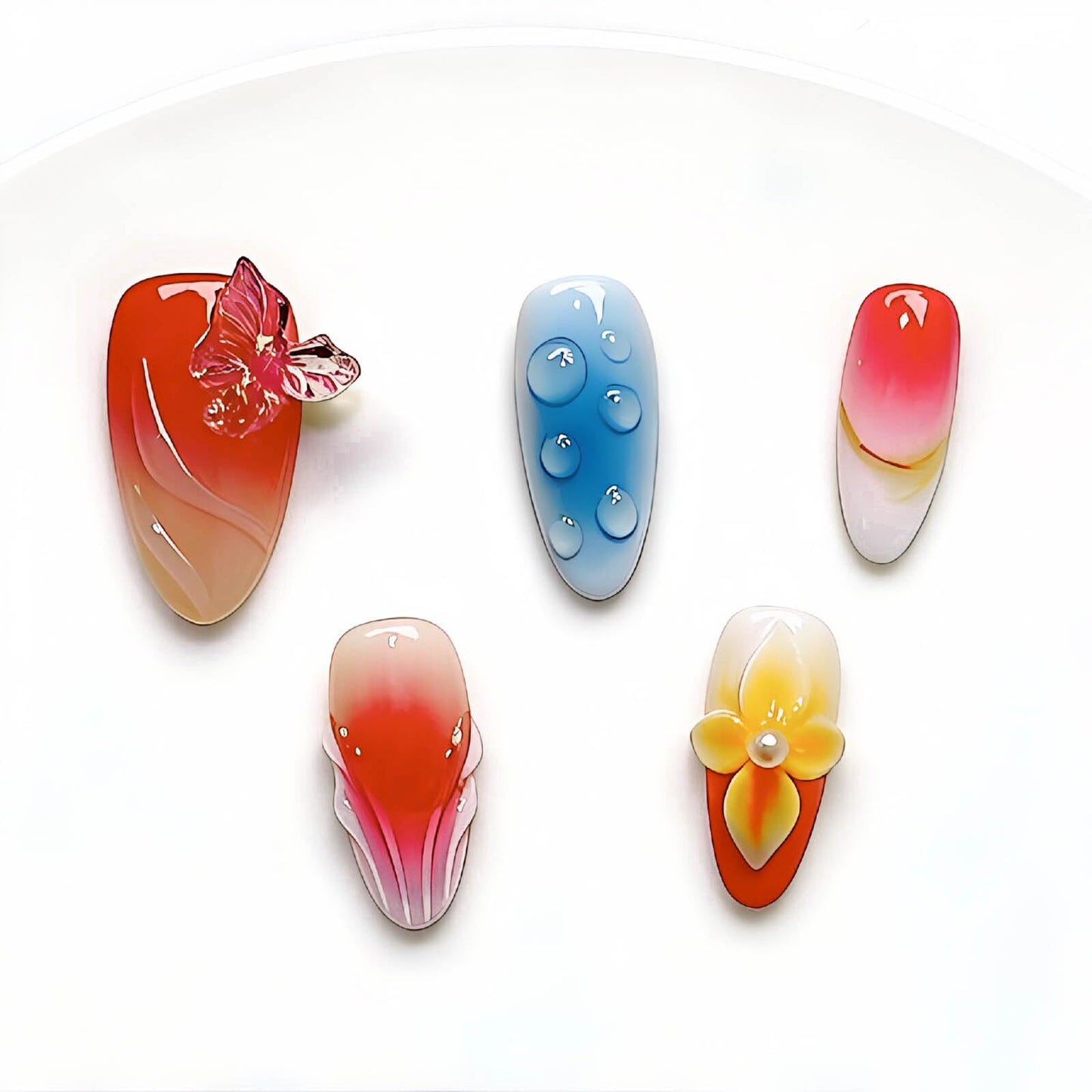 Handmade Press on Nails Almond French Tip, Summer Butterfly Fake Nails, Reusable Acrylic False Nails for Women, Luxury Pink Blue Flower Press on Nails 10Pcs (Size M)