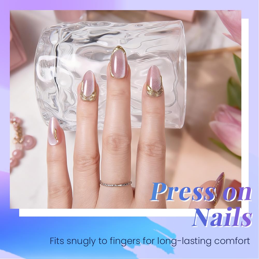 evpct Pink Cat Eye Press on Nails Short Almond with Gold Liner Design, Gold French Tip Stick on Nail for Women Gift with Kit, Reusable Full Cover Soft Gel Press on Fake Nail with Cat Eye Design