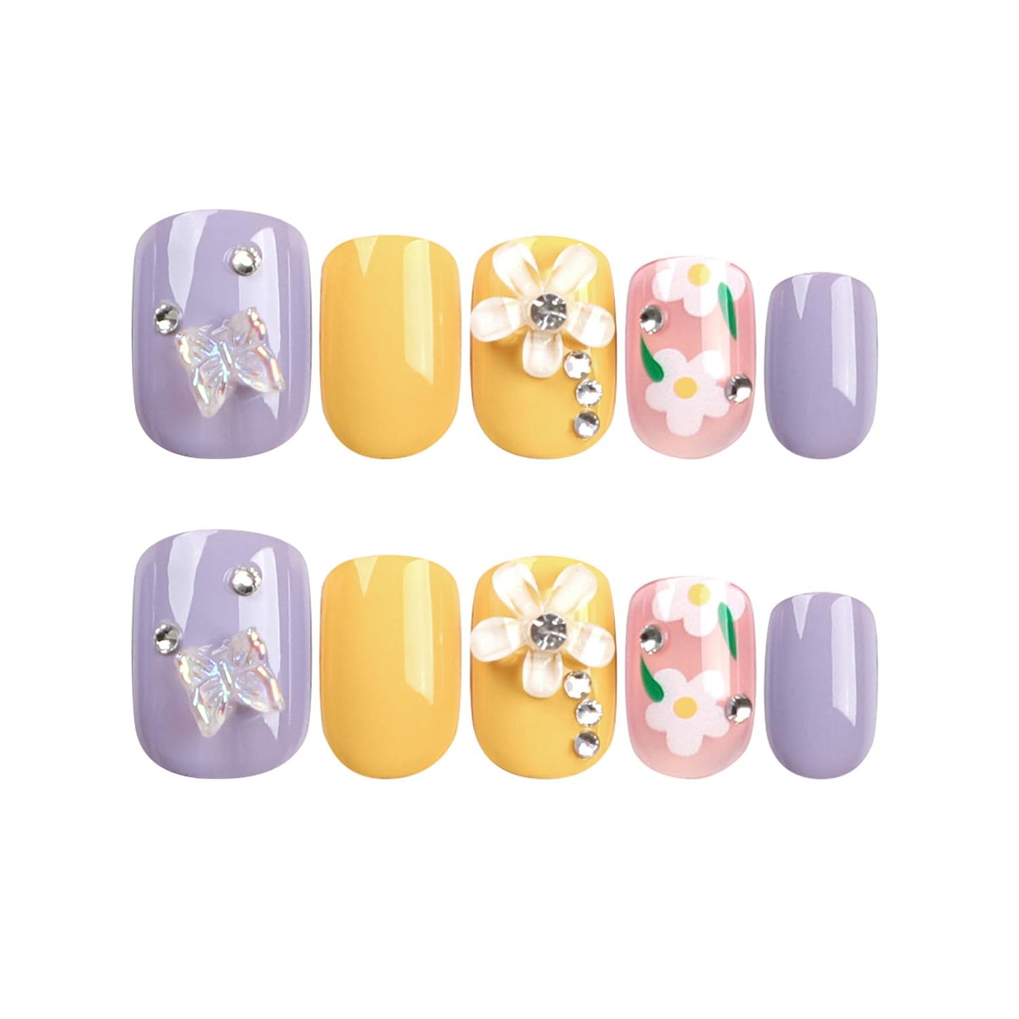 Vezocim Press on Nails Short Square-24Pcs Glossy Full Cover Acrylic Square False Nails with Floral Gems Designs Artificial Extra Short Square Fake Nails with Glue Stick on Fingernails for Women Girls