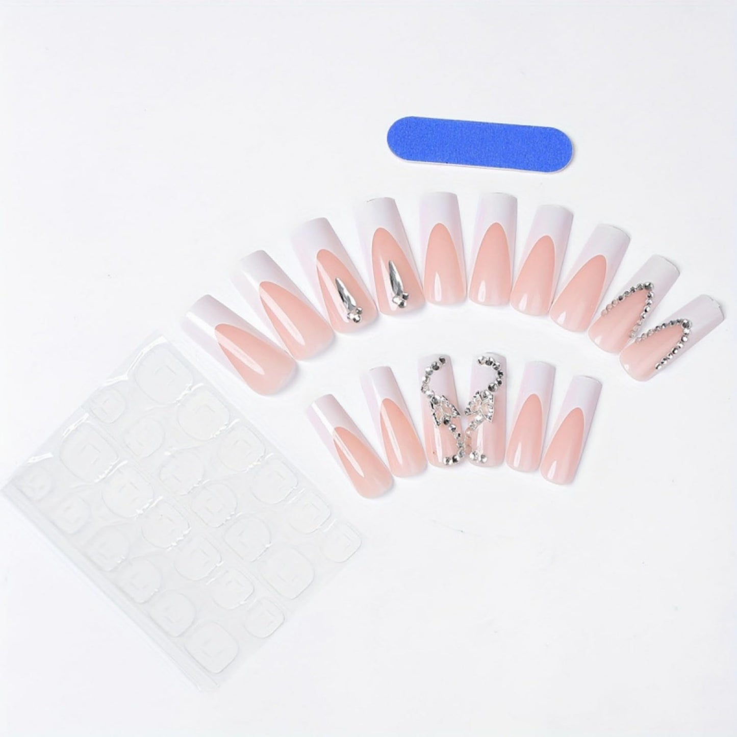 Octoswave Square Press on Nails Long Fake Nails White French Artificial Nail Sparkly Bow and Rhinestones Stick on Nail for Women 24pcs