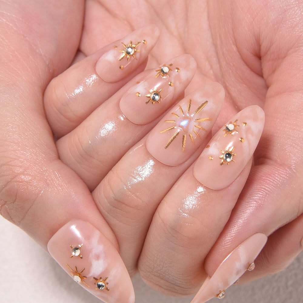 evpct 3D Nude Bohemian Design Press on Nails Medium Almond No Glue, Nude Gold Star Glossy Stick on Nails for Women with Kit, Reusable Soft Stick on Fake Nail with 3D Gold Stars Designs Perfectly Fit