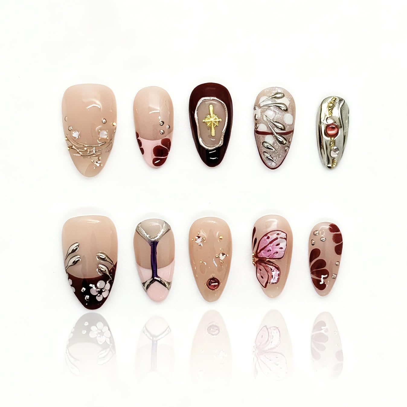 Reusable Press On Nails for Women & Girls - Short Almond Shape, Green Gradient with 3D Hand-Sculpted Florals, Holiday Party Manicure (D-Crimson Short, L)