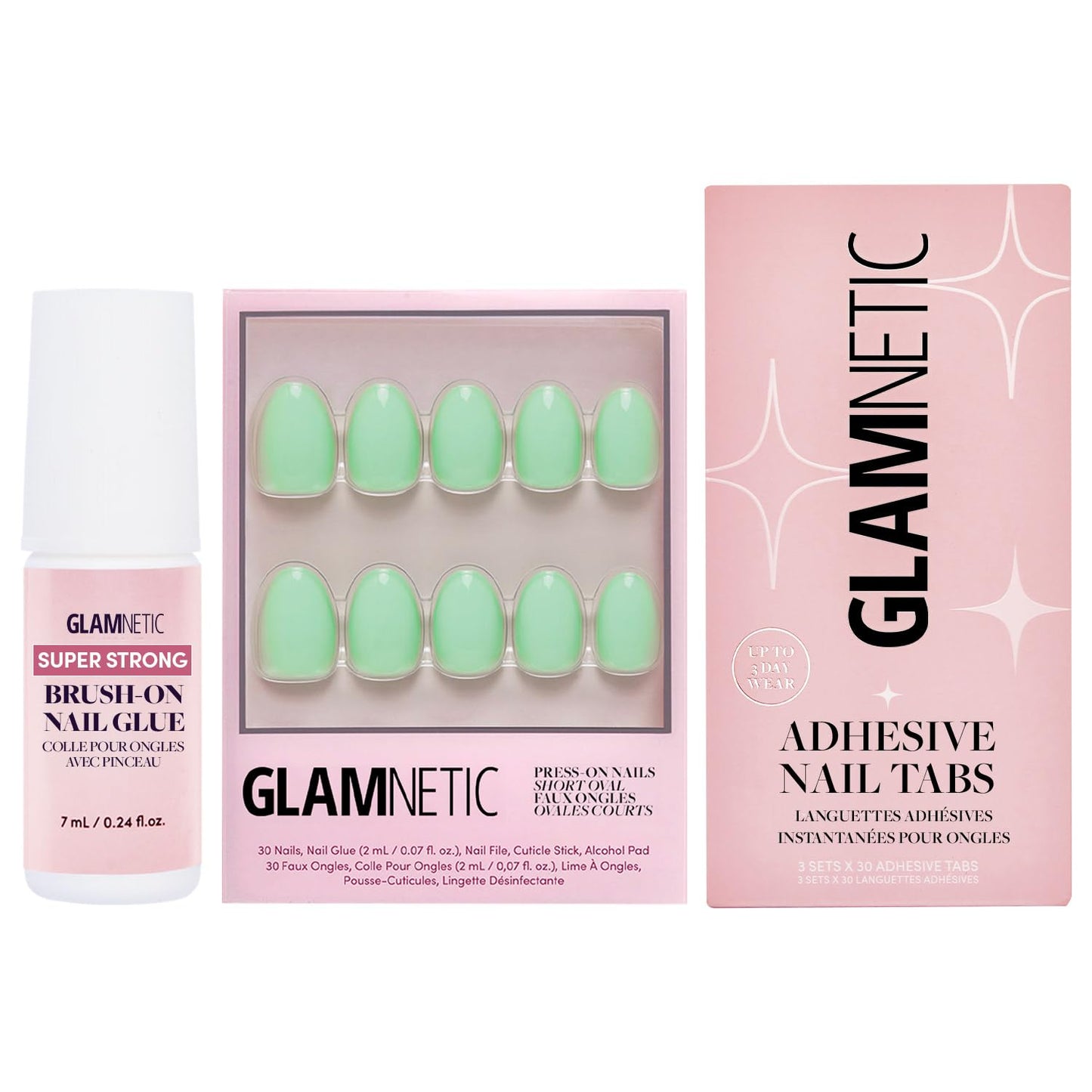 Glamnetic Press-On Nails - Mint Green | Pastel Green Short Oval Fake Nails | Matte Short Almond Dark Red Nails with Glossy French Tips | 15 Sizes - 30 Nail Kit with Glue & Nail Tabs