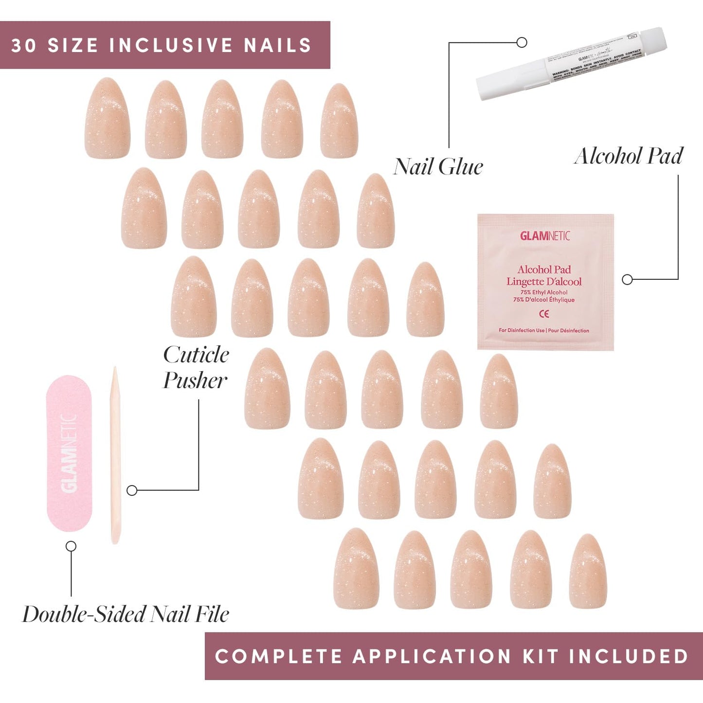 Glamnetic x GLAMZILLA Press-On Nails & Adhesive Nail Tabs - NOT YOUR CINDER-ELLA | Short Almond Nude Fake Nails with Velvet French Tip Effect | 15 Sizes - 30 Nail Kit with Adhesive Tabs