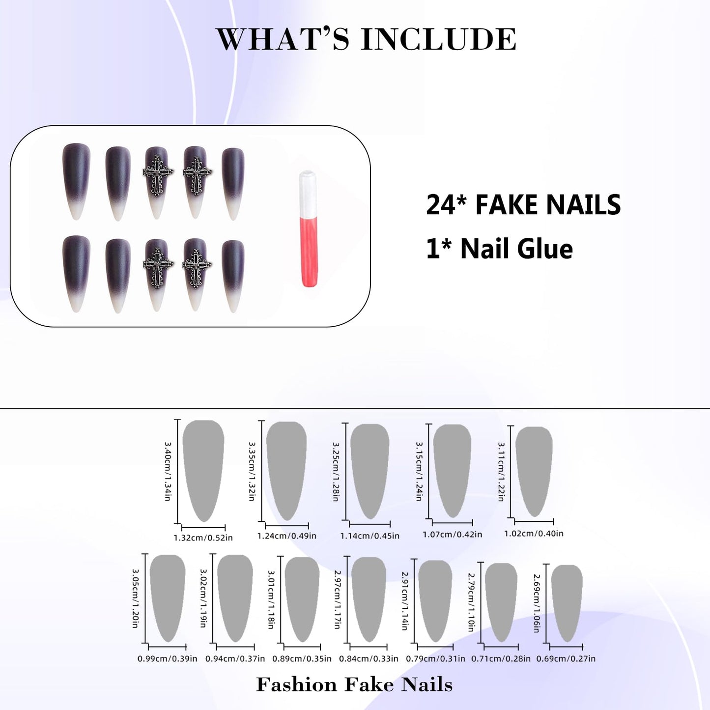 IMRAIN Press on Nails Long Stiletto Fake Nails Purple Ombre Matte False Nails with Metal Cross Charms Designs Goth Nail Art Glue on Nails for Women Girls 24Pcs