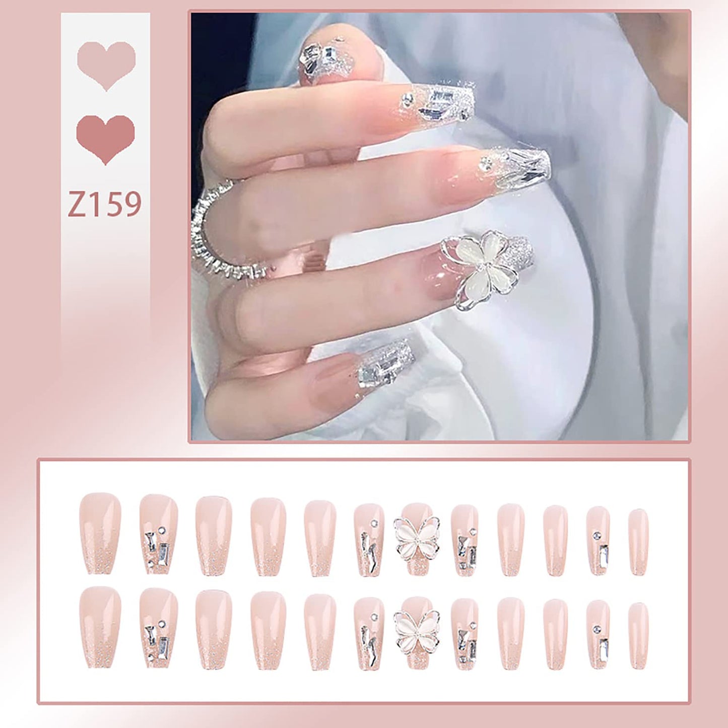 24Pcs Artificial Acrylic Fake Nails With Butterfly Rhinestone Designs, Press on Square Medium Length, Full Cover Reusable Coffin False Set, Women Glue on for Nail Art