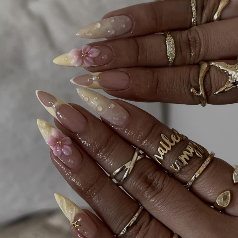 French Tips Press on Nails Medium Almond Fake Nails with 5D Flower Charm Design Glossy Ombre Yellow Nails Press on Reusable Pearl Rhinestones False Nail Spring Summer Nail for Women Manicure 24Pcs
