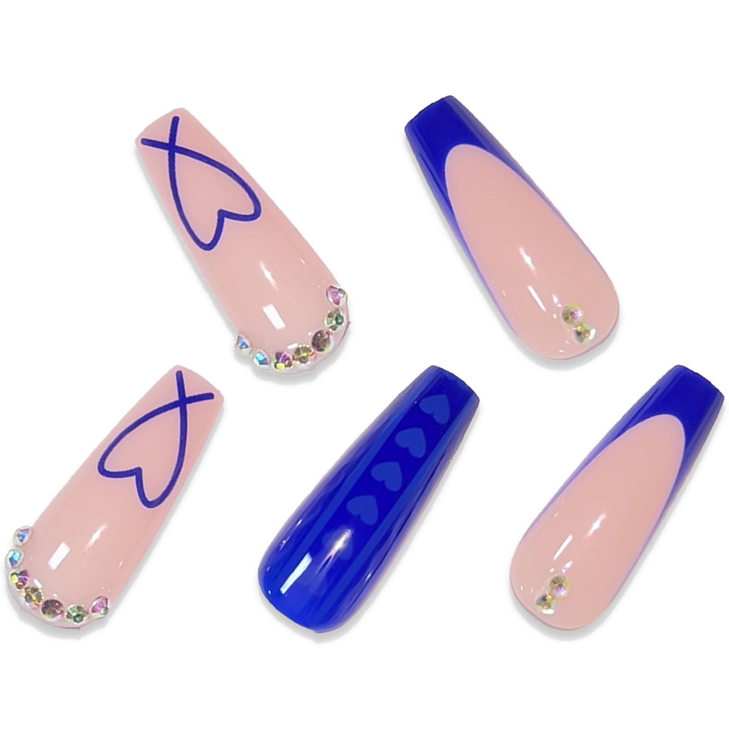 BABALAL Coffin Press on Nails Long Fake Nails Blue French Tip Heart Glue on Nails Rhinestone Ballerina Acrylic Nail for Women and Girls 24Pcs Valentines Press on