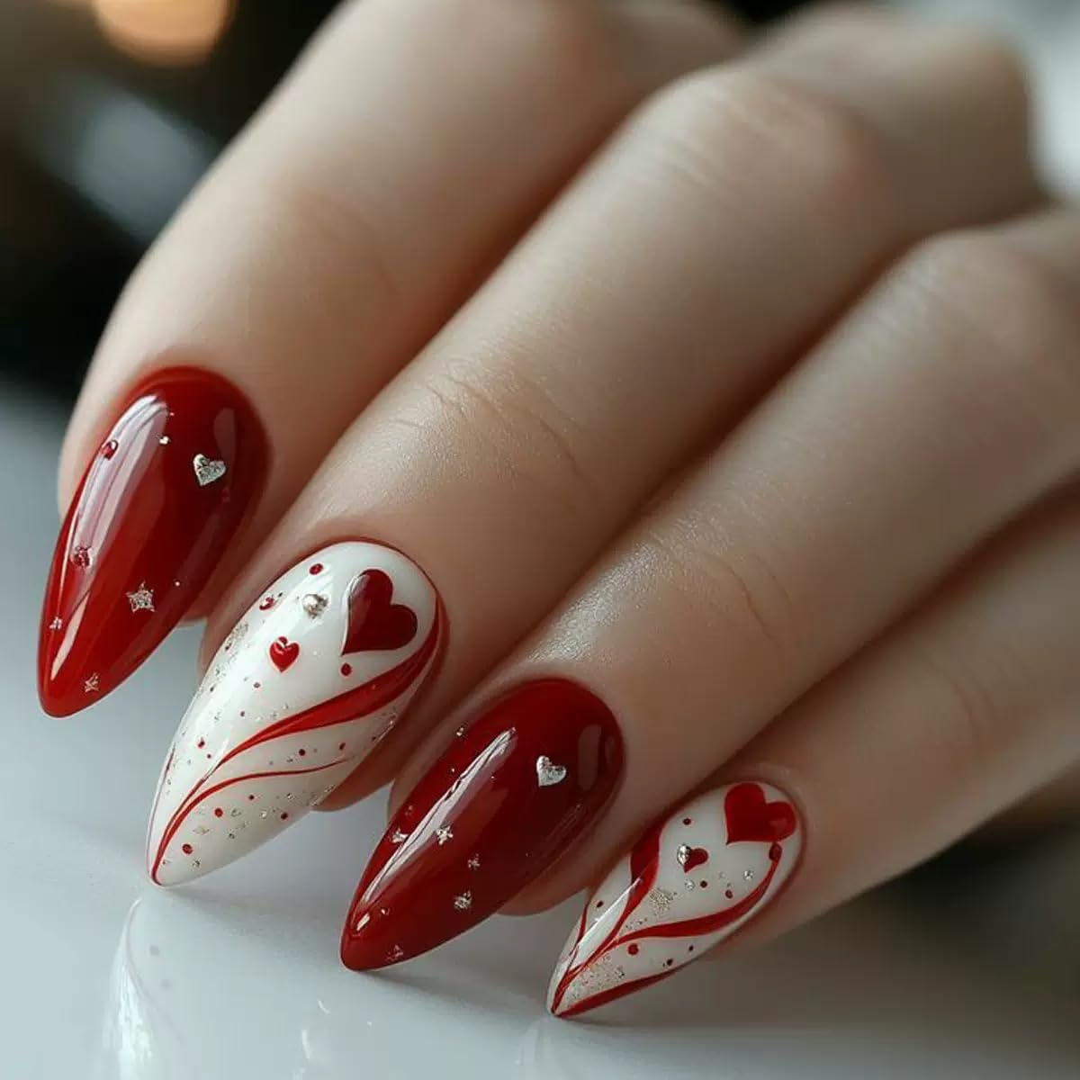 CTTHNBD Press on Nails Red - Medium Almond Fake Nails with Heart Design - Glossy Glitter Stick on False Nails - for Women 24 Pcs