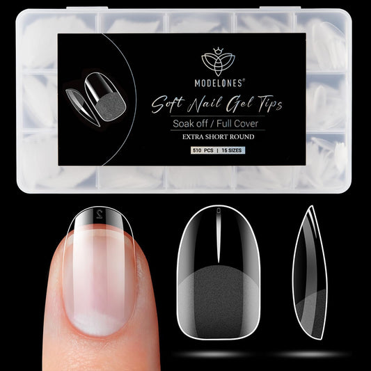 Modelones Extra Short Oval Round Nail Tips - 510Pcs Soft Fake Nails Tips Gel Pre-shaped Half Matte Full Cover No Filed False Extension Manicure Salon DIY at Home 15 Sizes