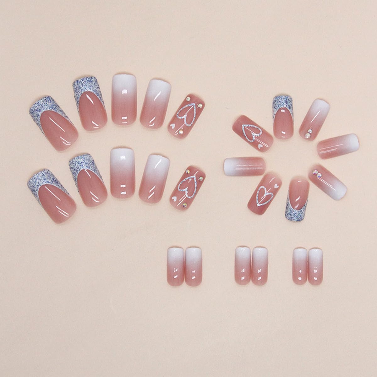 Square Press on Nails Long Pink Ombre Glue on Nail Glitter French Tip Fake Nails with Heart Rhinestone Design Cute Nails Press ons Full Cover Stick on Nail for Women Girls Manicure 24Pcs