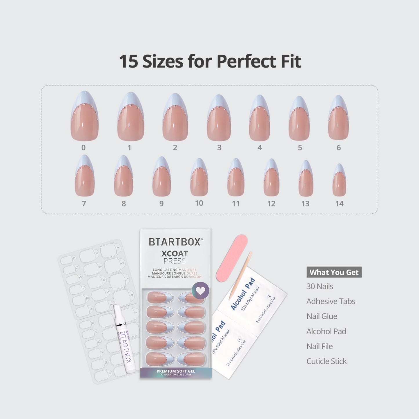 BTArtbox French Tip Press On Nails - Something Blue, Lamp-Curable 4-Week Wear Blue Medium Almond Press On Nails with Glue and Adhesive Tabs, Easy-to-Apply in 15 Sizes - 30 Nails All-in-One Kit