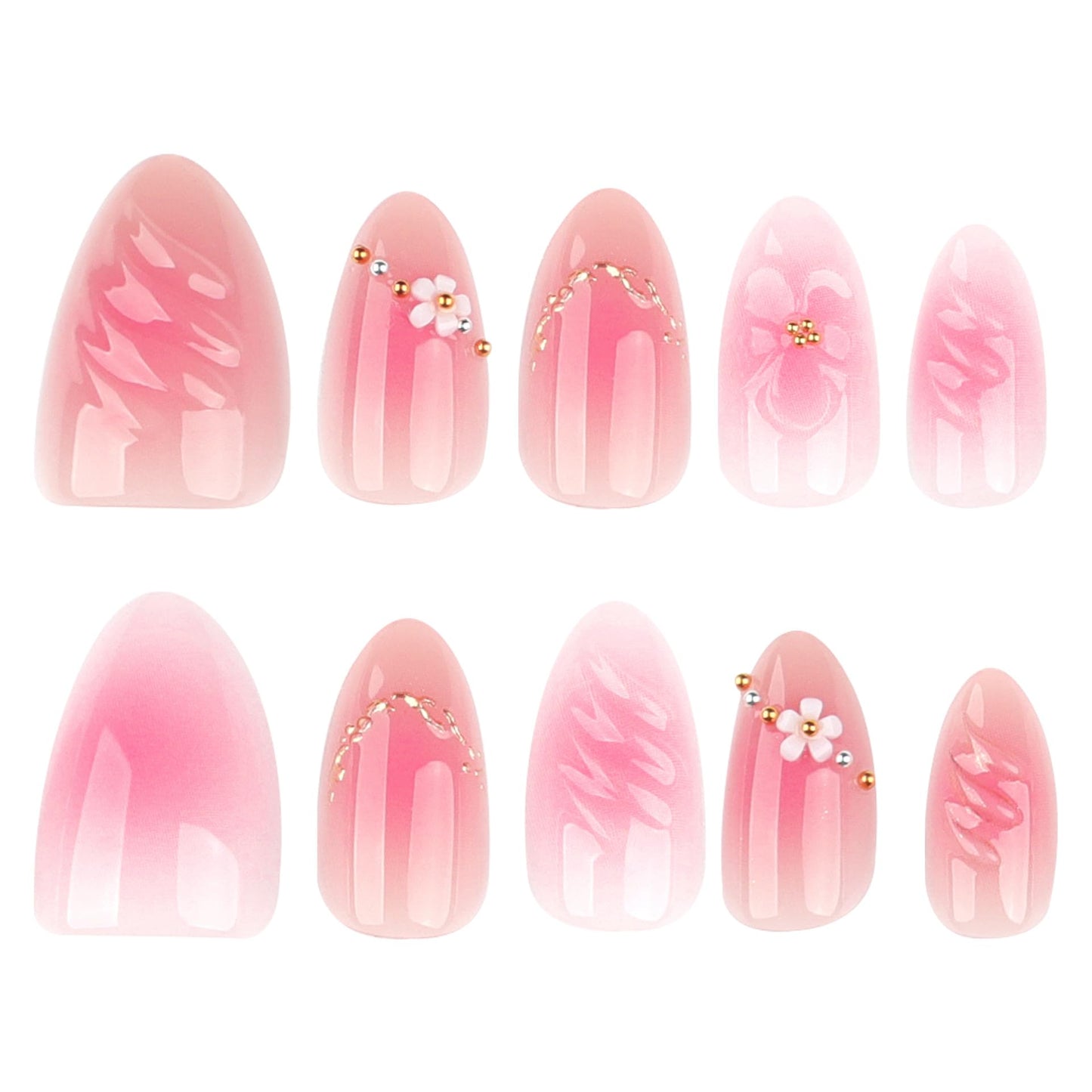 XZMeiLun 3D Flower Press On Nails Short Almond – Pink White Ombre Gold Line Designs, Acrylic Reusable Fake Nails with Adhesive Tabs Glue, Salon Quality Nail Press Ons - Nail Kit for Women Manicure