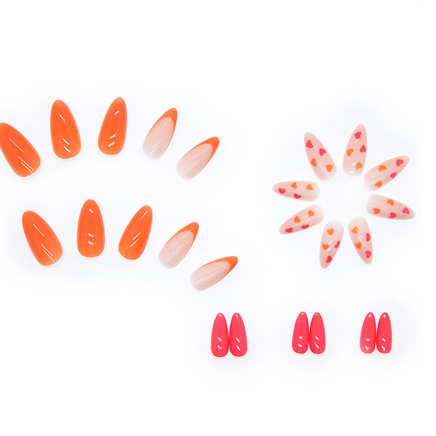 SINHOT French Tip Round Press on Naills Medium Fake Nails Heart Glue on Nails Orange Glossy False Nail Full Cover Oval Acrylic Nail for Women & Girls 24Pcs