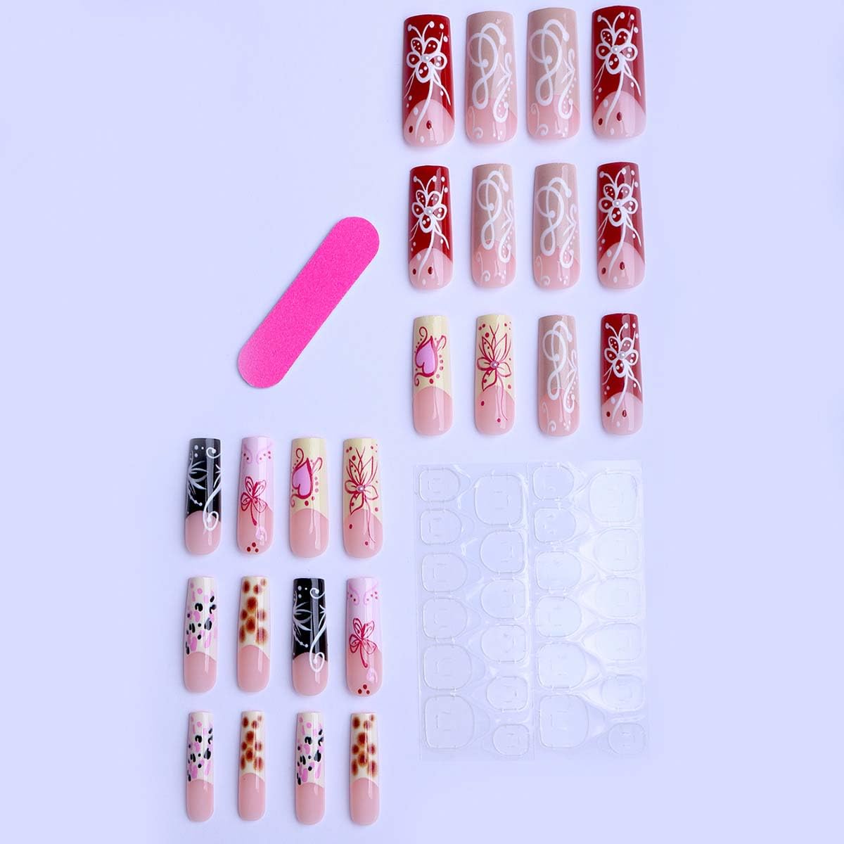 LINMEIZAI 24Pcs French Press on Nails Medium Square Music Fake Nails Press ons Nail Tips, Green Red Stick on Nails Acrylic Nails Kit False Nails Vibrant Floral Tip Design Nail Art for Women Manicure