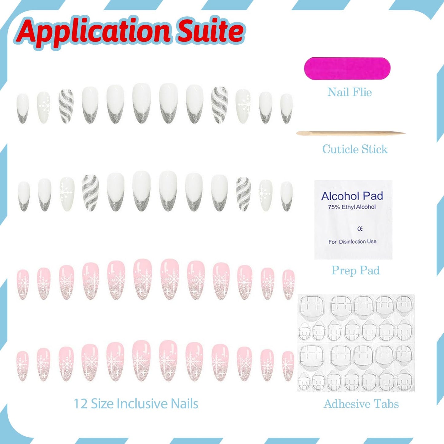 Christmas Press on Nails Kit 48 Pcs Medium Almond Ombre Fake Nails 2 Style French Tip False Nails with Snowflake Glitter Designs Elegant Glossy Glue on Nail Winter Acrylic Nails for Women Girls