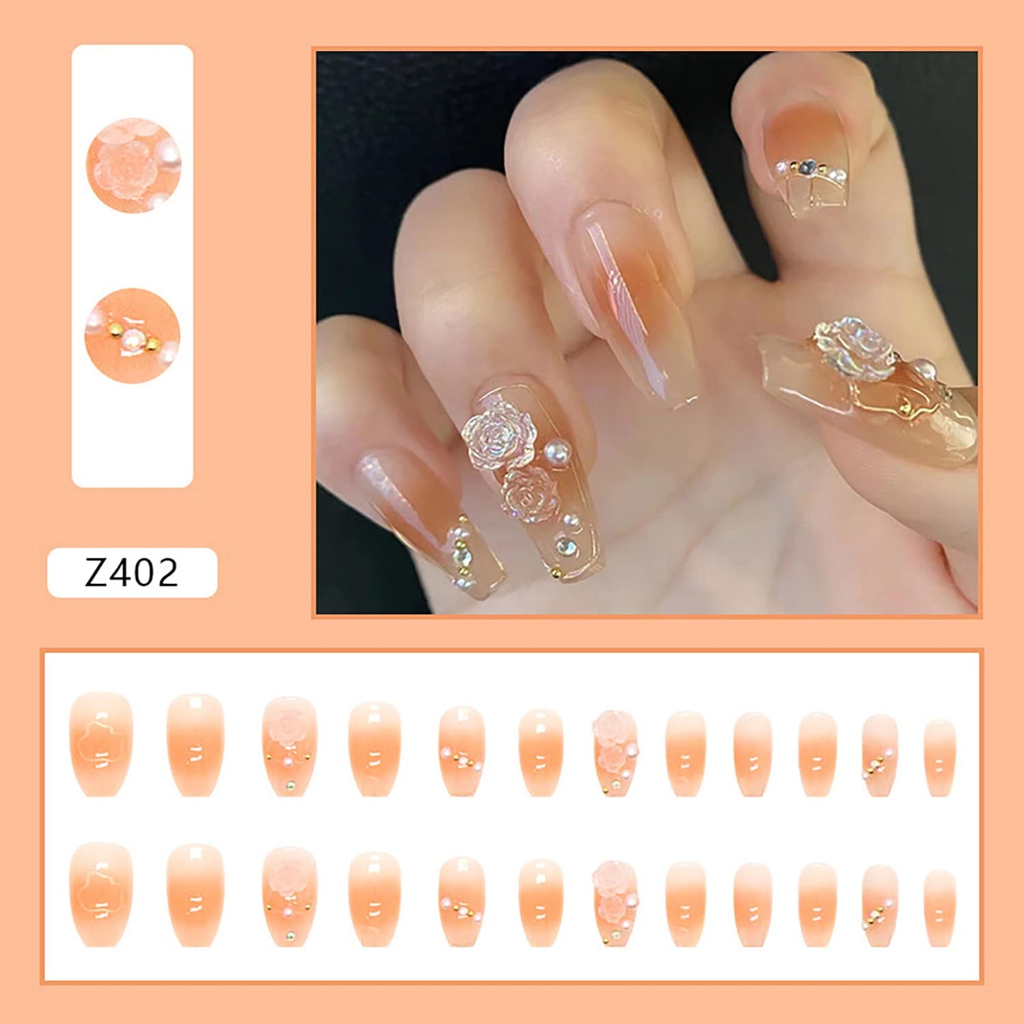 24Pcs Artificial Acrylic Fake Nails with 3D Clear Flower Designs, Press on Nails Square Medium Length, Full Cover Reusable Coffin False Nails, Women Glue on Nails Set, Stick on Nails for Nail Art