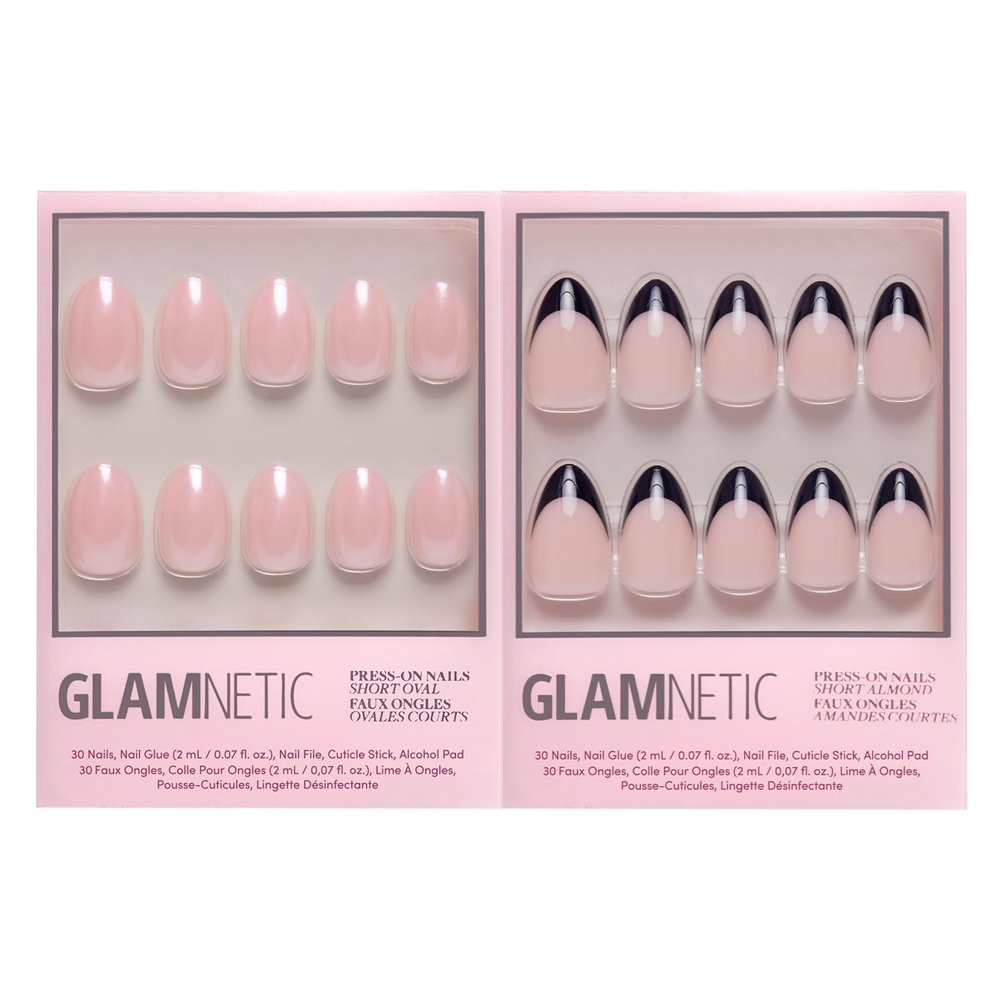 Glamnetic Press-On Nails Bundle - Pinch Me & Caviar | Glazed Short Oval Blush Pink Fake Nails | Short Almond Black French Tip False Nails | Reusable, Salon-Quality Nail Kits