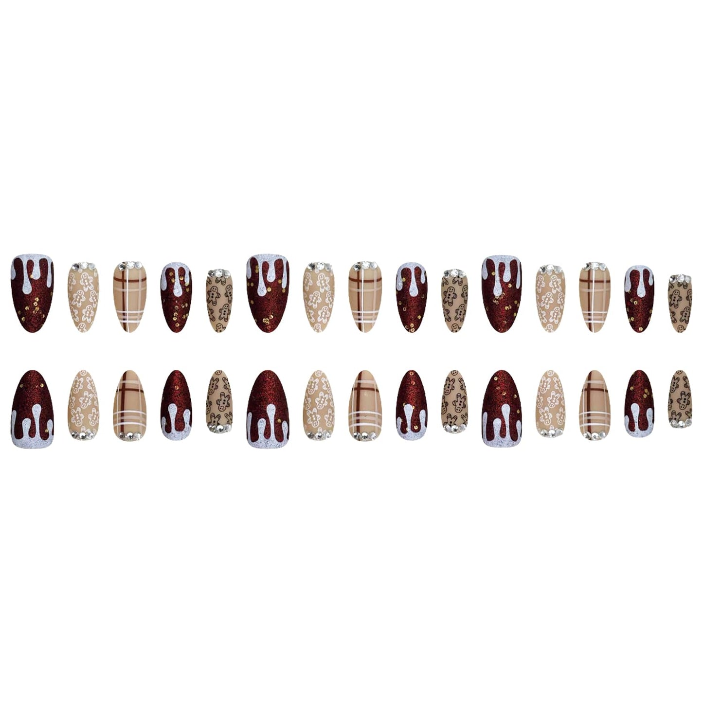 30Pcs Christmas Press on Nails Almond Fake Nails 3D Rhinestones Glitter Design Coffee-colored Striped Snowman Press on Xmas False Nails Cute Gingerbread Stick on Brown Plaid DIY Nails for Women