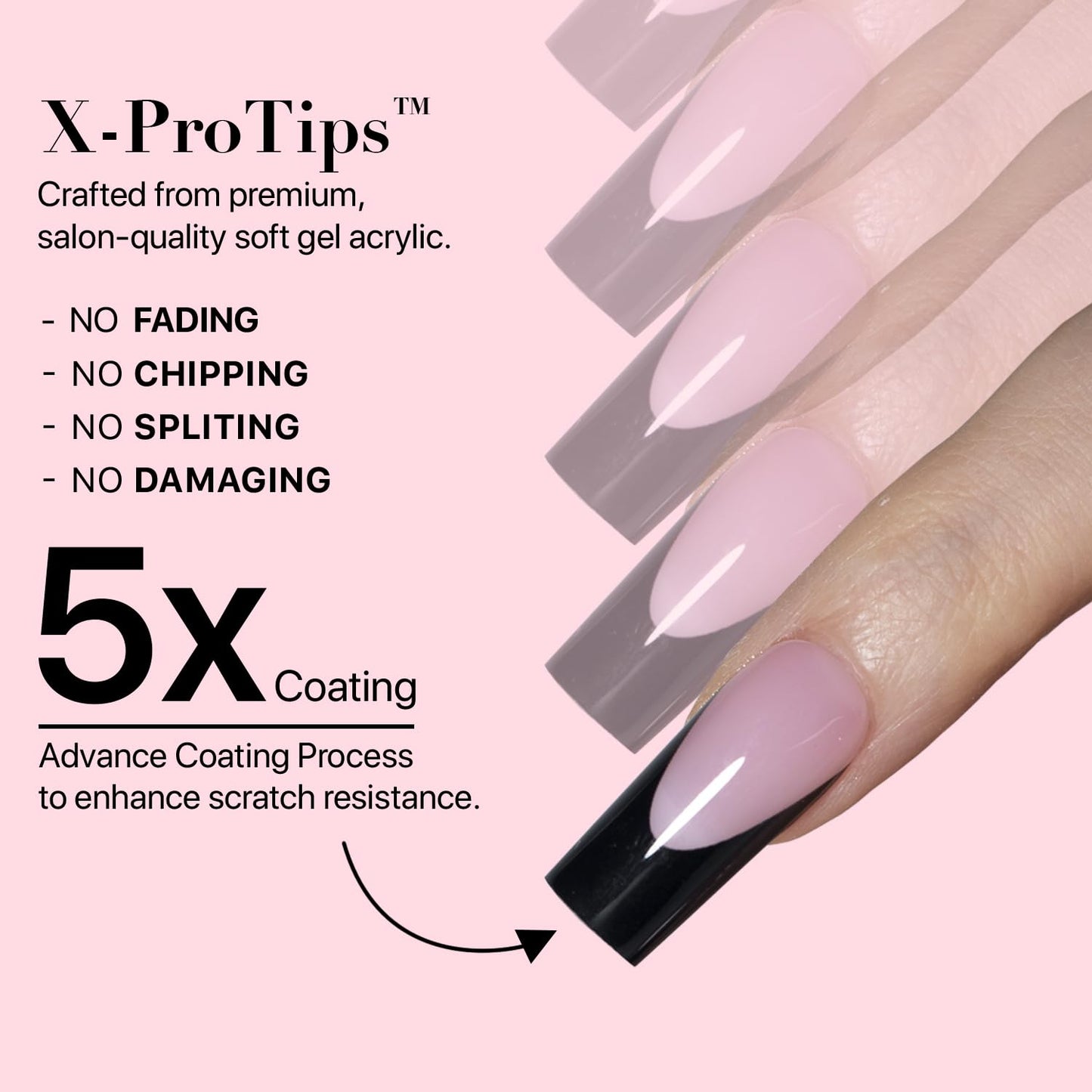 SXC Cosmetics French Tip Press On Nails – Black Series, Medium Square, X-Pro Tips Starter Kit | 150PCS, 15 Sizes, 5 Styles, Beginner-Friendly