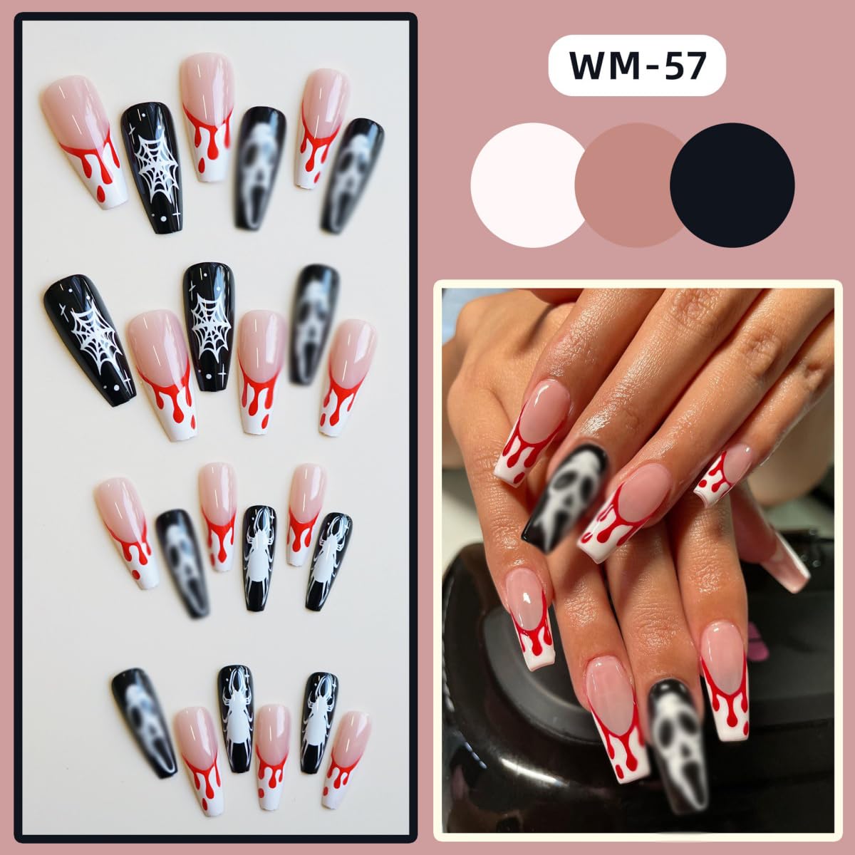 Halloween Press on Nails Long Coffin Fake Nails Horror Ghost Blood False Nails White French Tip Design Stick on Nails Artificial Reusable Full Cover Acrylic Glue on Nail for Women Manicure 24Pcs