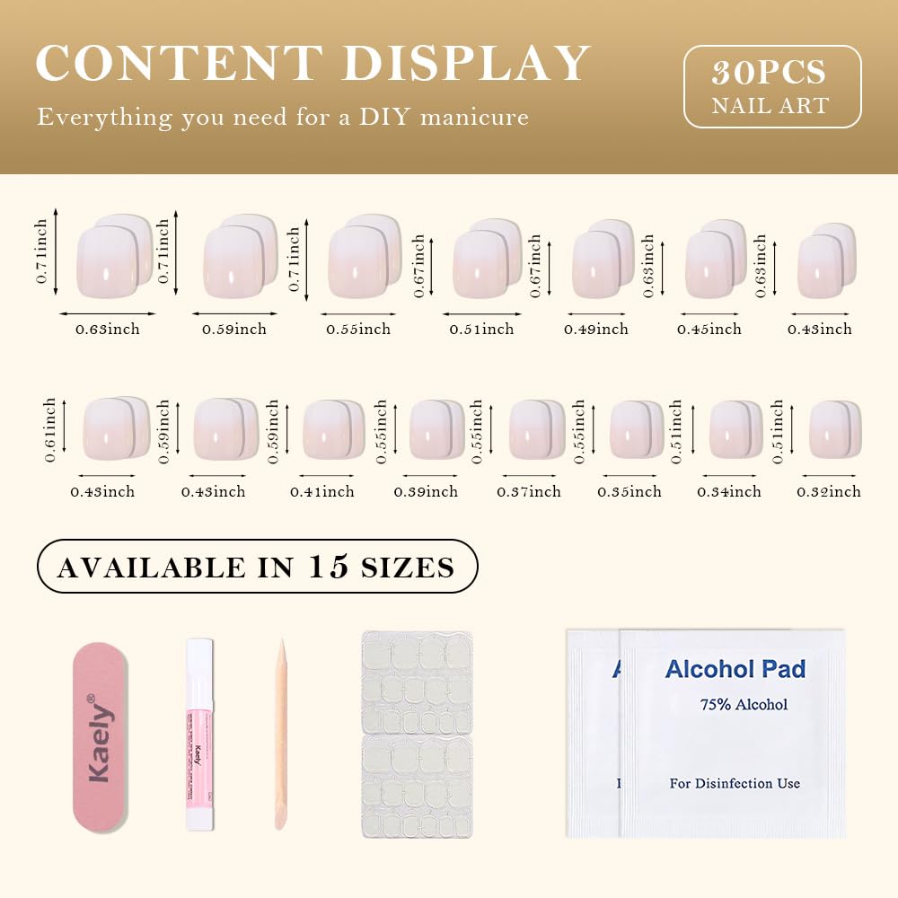 evpct Cream White Ombre Glossy Press on Nails Short Square, Nude Glossy Fake Nails Reusable, Acrylic False Nail Stick on Press ons for Women Gifts, Color Ombre Artificial False Nail with Kit, 30Pcs